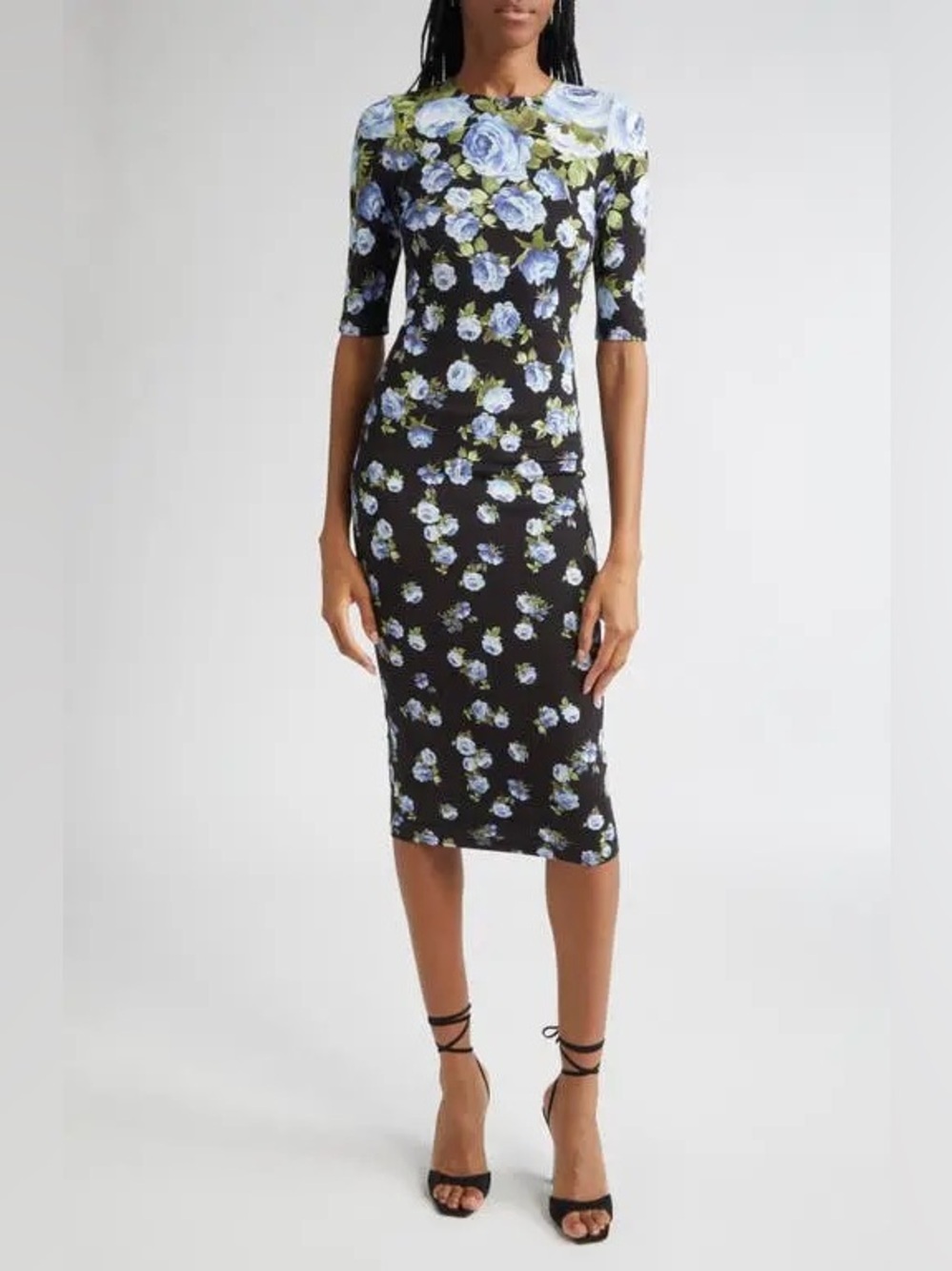 Alice and Olivia Deloral floral mid sleeve jersey midi dress in Smell the Roses
